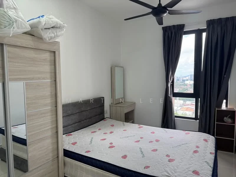 Bedroom features: queen-size bed, upholstered headboard, bedside table, mirror on dresser, floor-to-ceiling window, blackout curtains, ceiling fan, wooden flooring, decorative pillows, city view; style: modern; view: city.