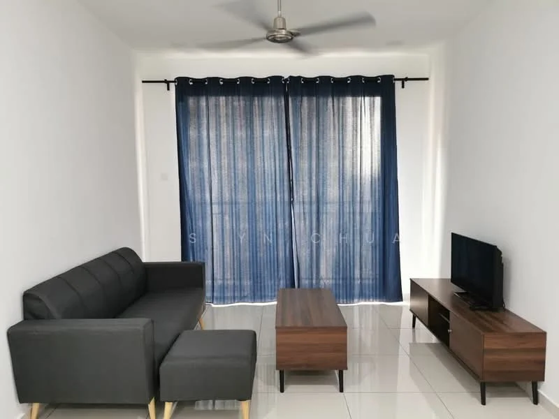 Living features: 3-seater fabric sofa in grey, wooden coffee table, TV console, wall-mounted TV, ceiling fan, floor-to-ceiling windows, blue sheer curtains, white painted walls, glossy tile flooring; style: modern.