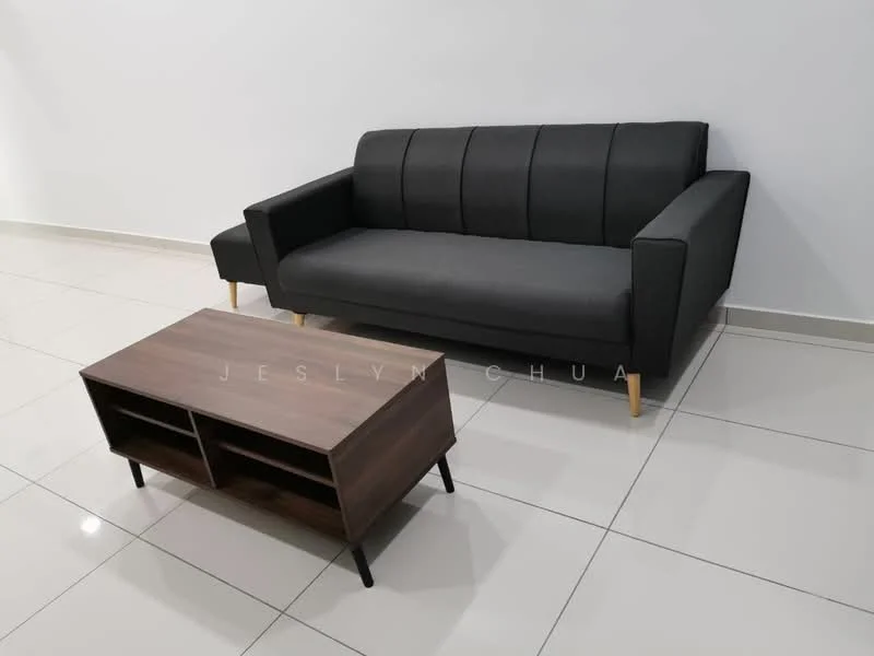 Living features: 3-seater fabric sofa in grey, wooden coffee table with open shelving, white painted walls, glossy tile flooring, neutral color palette, minimalist design, floor-to-ceiling windows, recessed lighting; style: modern.