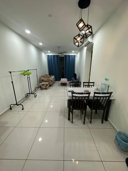 Dining features: white painted walls, glossy ceramic tile flooring, dining table with four chairs, pendant light fixture, ceiling fan, curtains in dark blue, clothes rack, plastic water container, seating area with cushions, decorative wall clock; style: modern.