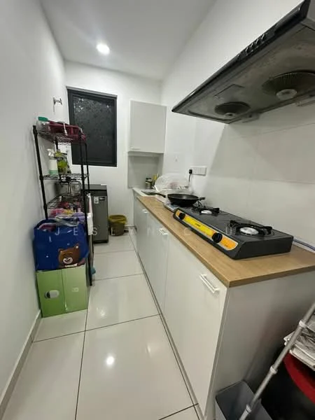 Kitchen features: white cabinets, wood countertop, stainless-steel gas stove, exhaust hood, ceramic tile flooring, single-bowl stainless-steel sink, black window with grid, open shelving unit, refrigerator, storage bins, wall-mounted light, cleaning supplies, pantry items; style: modern.