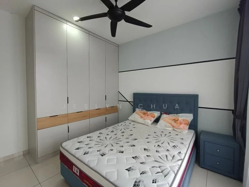 Bedroom features: king-size bed with upholstered blue headboard, white bedding with floral pattern, built-in wardrobe with sliding doors, grey accent wall, white painted walls, ceiling fan, nightstand with drawer, tile flooring, window with curtains; style: modern.