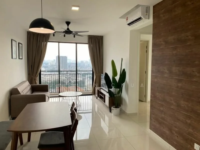 Living features: 3-seater fabric sofa in beige, round coffee table, dining table with 4 chairs, floor-to-ceiling windows, curtains, wall-mounted air conditioning unit, ceiling fan with light, decorative indoor plant, wood accent wall, white painted walls, glossy tile flooring, city view; style: modern; view: city.