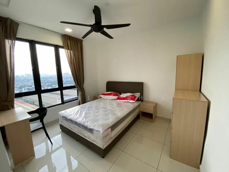 Bedroom features: queen-size bed with mattress, upholstered headboard, 2 bedside tables, study desk, black chair, floor-to-ceiling windows, curtains, light-colored walls, tile flooring, ceiling fan with light; style: modern; view: city.