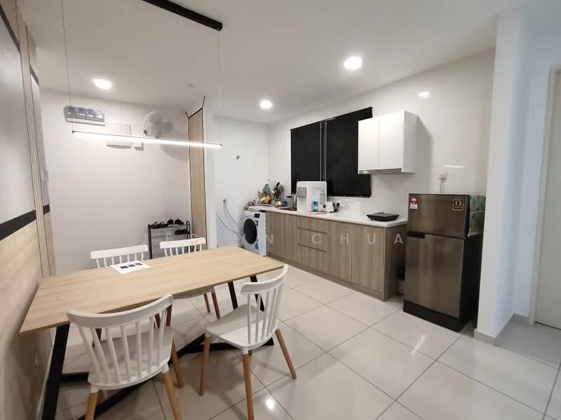 Kitchen features: white painted walls, light grey tiled flooring, recessed downlights, ceiling fan, kitchen cabinetry in light wood, white countertop, stainless-steel fridge, built-in oven, washing machine, dining table with four white chairs, black window treatments, open shelving, sink, chrome faucet; style: modern.