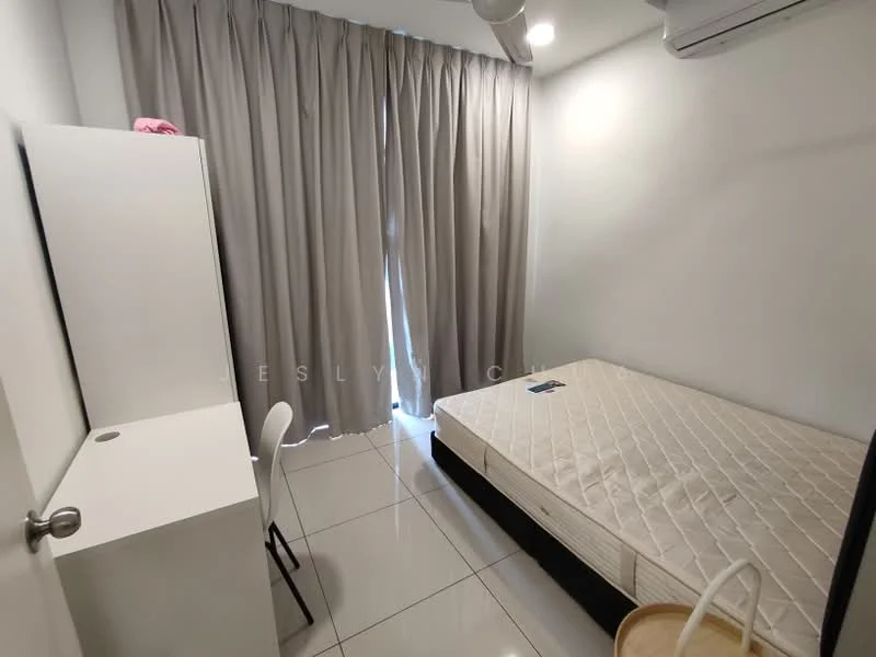 Bedroom features: white painted walls, grey floor tiles, single bed frame, mattress on bed frame, white desk, white chair, floor-to-ceiling curtains, air conditioning unit; style: minimalist.