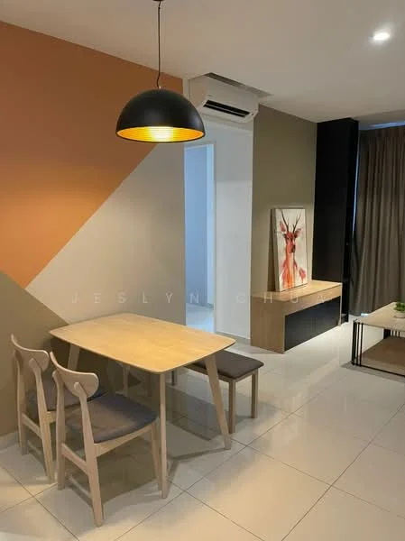 Dining features: light wood dining table, two light wood benches with cushions, pendant light fixture in black, cream painted walls, accent wall in terracotta, glossy white tile flooring, wall-mounted cabinet in black, framed artwork on wall, floor-to-ceiling window with curtains, wall-mounted split AC; style: modern.