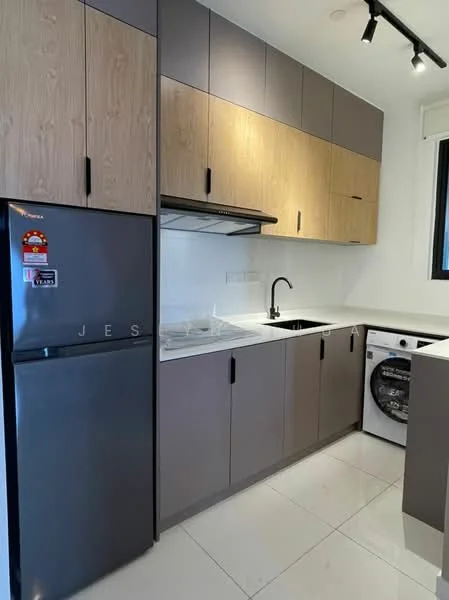 Kitchen features: grey and wood cabinetry, white countertop, single-bowl stainless-steel sink, chrome pull-down faucet, built-in oven, stainless-steel fridge, front-load washing machine, ceramic tile flooring, recessed LED downlights, sliding window, wall-mounted extractor hood; style: modern.