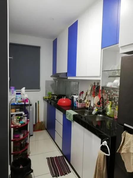 Kitchen features: blue and white cabinetry, black granite countertop, stainless-steel sink, chrome pull-down faucet, built-in stove, microwave, refrigerator, colorful mosaic tile backsplash, ceramic tile flooring, window with roller blinds, open shelving, various kitchen utensils and appliances, broom and cleaning supplies, area rug; style: modern.