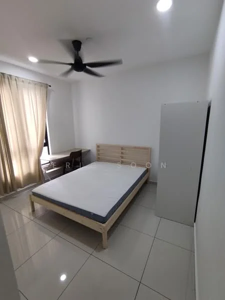 Bedroom features: queen-size bed, wooden bed frame, white painted walls, glossy tile flooring, ceiling fan, large window with sheer curtains, wooden study desk, white wardrobe, neutral color bedding, natural light from window; style: modern.