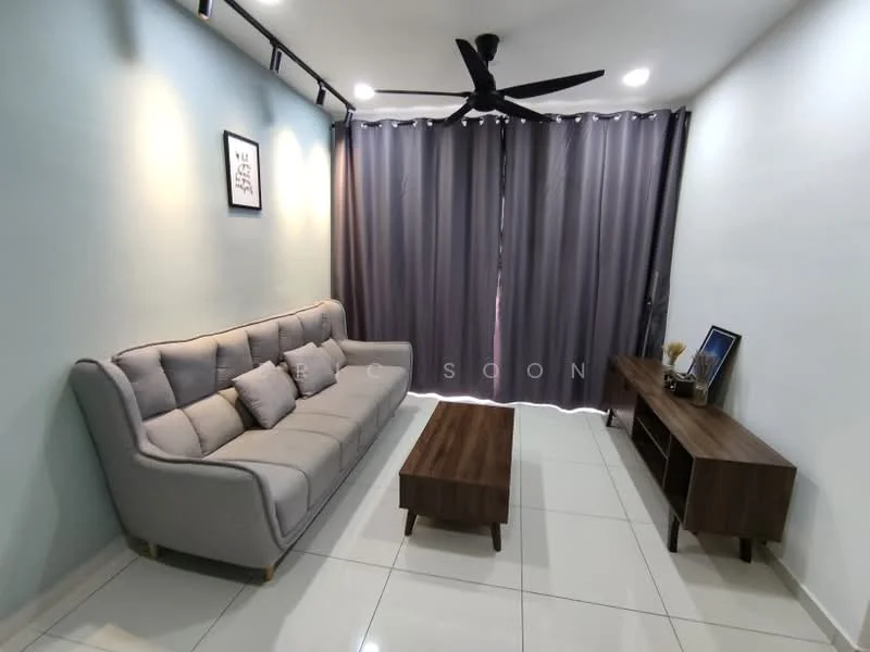 Living features: 3-seater fabric sofa in light grey, wooden coffee table, TV console, floor-to-ceiling curtains in dark grey, recessed LED downlights, white painted walls, glossy ceramic tile flooring, ceiling fan with light; style: modern.