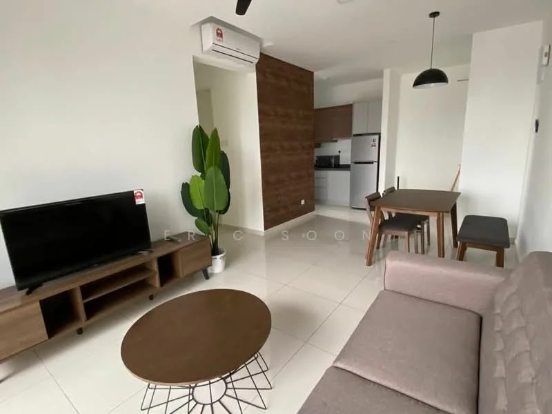 Living features: 3-seater fabric sofa in light grey, wooden coffee table with circular top, TV console with storage, wall-mounted TV, 1 wall-mounted split AC, pendant light, floor-to-ceiling windows, light-colored tiled flooring, decorative indoor plant, dining table with 4 chairs, bench seating; style: modern.