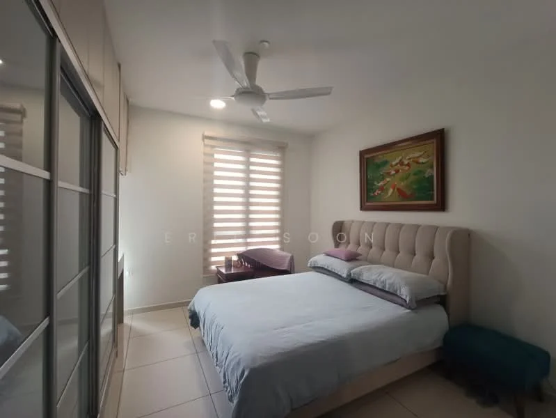 Bedroom features: king-size bed with upholstered headboard, bedside table, built-in wardrobe with mirrored doors, ceiling fan, window with blinds, framed artwork on wall, light-colored walls, tile flooring; style: modern.