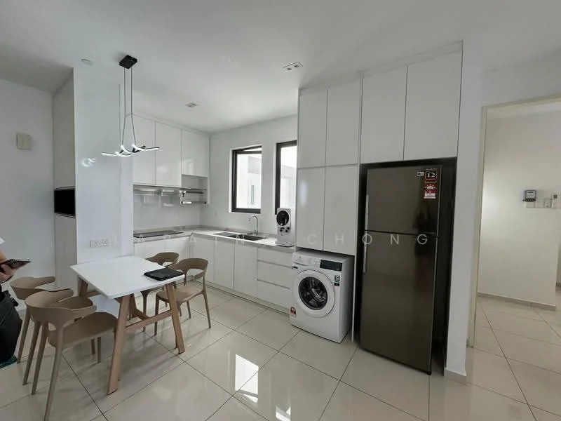 Kitchen features: white cabinetry, stainless-steel fridge, built-in oven, 4-burner gas hob, single-bowl stainless-steel sink, chrome pull-down faucet, white quartz countertop, tile backsplash, washing machine, dining table with 4 chairs, pendant lighting, floor-to-ceiling windows, ceramic tile flooring; style: modern.