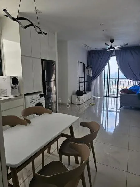 Dining features: white dining table, 4 beige dining chairs, pendant light fixture, floor-to-ceiling windows, grey curtains, polished tile flooring, black refrigerator, white cabinetry, open layout, ceiling fan; style: modern; view: city.