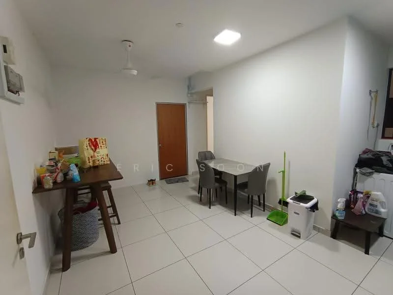 Dining features: white painted walls, white ceiling, recessed downlights, 5-blade ceiling fan, large rectangular dining table, 4 dining chairs, tiled flooring, door leading to hallway, open space layout, decorative items on table, trash bin, cleaning supplies; style: modern.