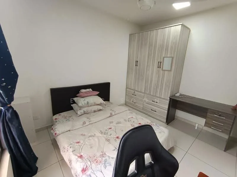 Bedroom features: queen-size bed with floral bedding, wooden wardrobe with sliding doors, study desk, chair, white painted walls, tile flooring, ceiling light, curtains with star pattern, air conditioning unit; style: modern.