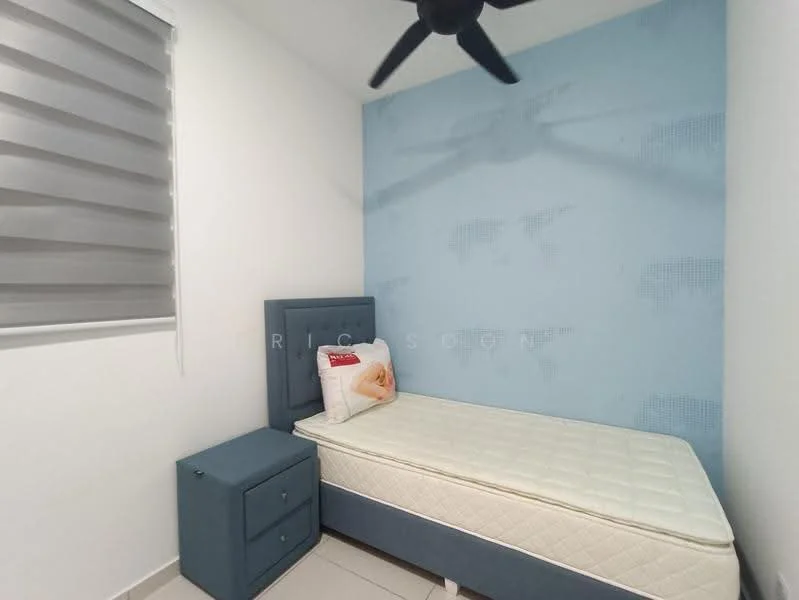 Bedroom features: single bed, upholstered headboard, nightstand with drawer, blue accent wall, white painted walls, ceiling fan, window with roller blinds, tile flooring; style: modern.