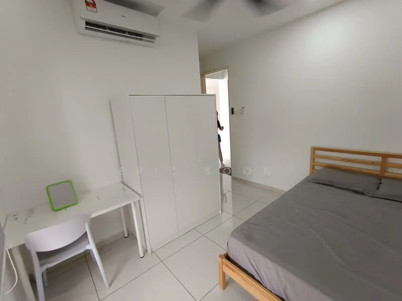 Bedroom features: queen-size bed with grey bedding, wooden bed frame, white wardrobe, study desk, white chair, floor-to-ceiling window, white painted walls, tile flooring, ceiling fan, wall-mounted air conditioning unit; style: modern.