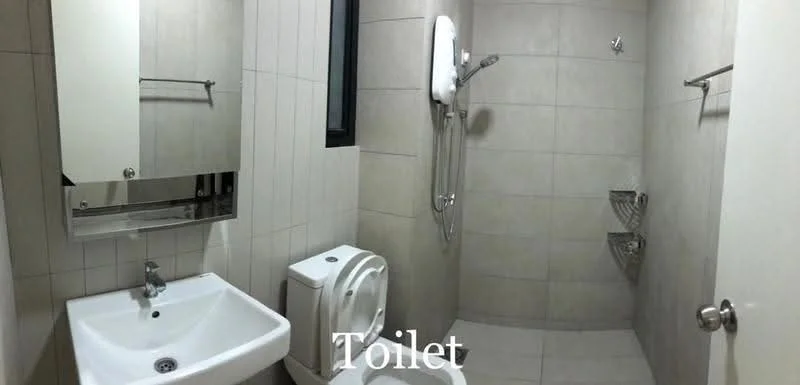 Bathroom features: white ceramic toilet, single-sink vanity with mirror, chrome basin mixer faucet, shower area with handheld shower, wall-mounted shower head, tile flooring, light grey tiled walls, towel rack, glass shower partition, built-in shower caddy; style: modern.