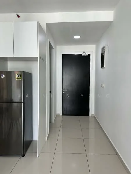 Room features: white painted walls, glossy tile flooring, black door, stainless-steel fridge, recessed ceiling lights, wall-mounted electrical panel, door with handle, open space layout; style: modern.
