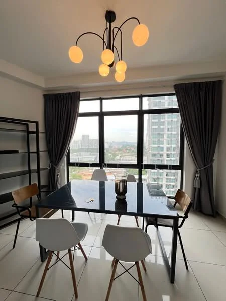 Dining features: black dining table, 4 white dining chairs, chandelier with multiple bulbs, floor-to-ceiling windows, grey curtains, tile flooring, city view, open layout; style: modern; view: city.