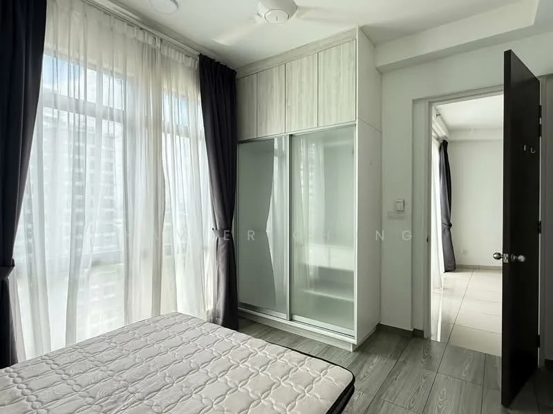 Bedroom features: floor-to-ceiling windows, sheer curtains, blackout curtains, wooden flooring, built-in wardrobe with sliding doors, queen-size bed, ceiling fan, neutral wall colour, tile flooring in adjacent area; style: modern; view: city.