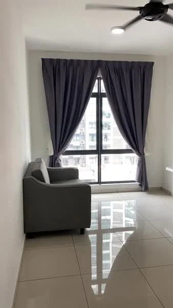 Living features: grey fabric sofa, floor-to-ceiling windows, grey curtains, white painted walls, glossy tile flooring, ceiling fan with light, natural light from window; style: modern; view: city.