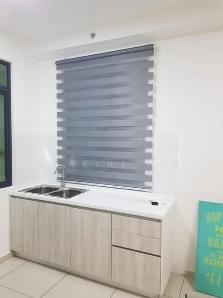 Kitchen features: double-bowl stainless-steel sink, chrome pull-down faucet, light wood cabinetry, white countertop, grey roller blinds, white tiled backsplash, ceramic tile flooring, wall-mounted cabinet, drawer storage; style: modern.