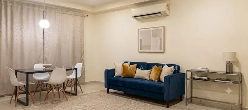 Living features: blue fabric sofa with cushions, white dining table, 4 white dining chairs, glass side table, table lamp, air conditioning unit, beige painted walls, curtains with a subtle pattern, neutral-colored area rug, framed artwork on wall, recessed ceiling lights; style: modern.