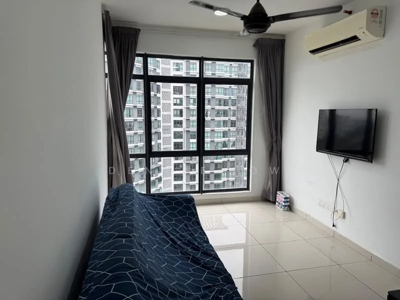 Living features: floor-to-ceiling windows, grey curtains, wall-mounted TV, 1 wall-mounted split AC, white painted walls, glossy tile flooring, sofa with blue patterned cover, ceiling fan with light; style: modern; view: city.