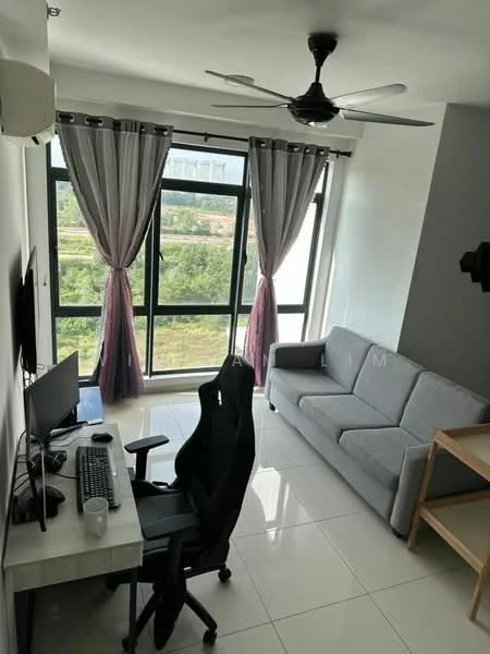 Study features: floor-to-ceiling windows, grey fabric sofa, black gaming chair, white desk, computer monitor, keyboard, mouse, white ceramic mug, ceiling fan with light, sheer curtains, blackout curtains, white tiled flooring; style: modern; view: garden.