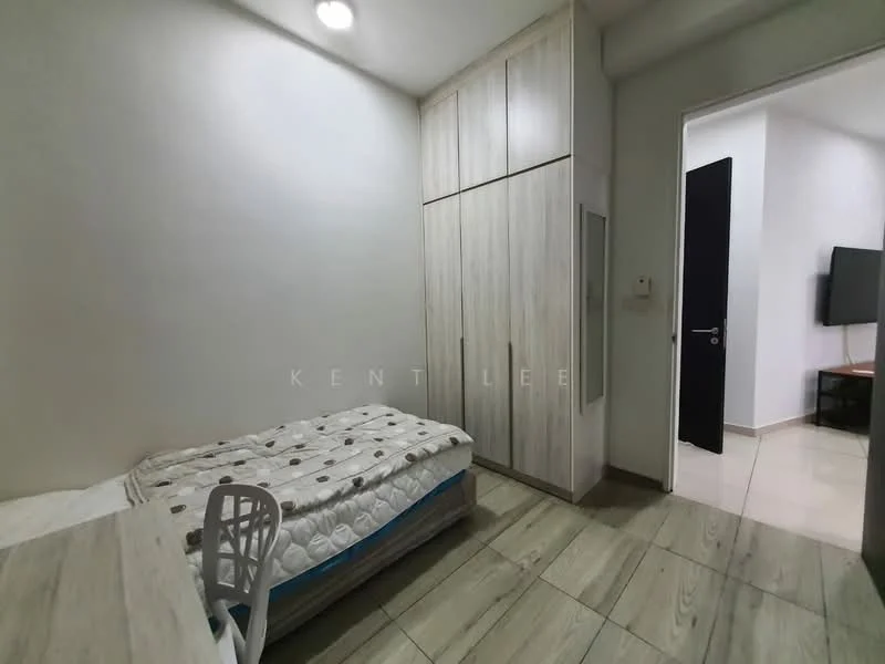 Bedroom features: single bed with bedding, wooden wardrobe with sliding doors, study desk with chair, wall-mounted TV, cream painted walls, tile flooring, recessed ceiling lights; style: modern.