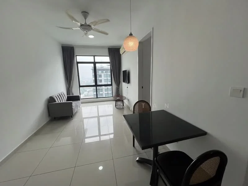 Living features: white painted walls, glossy ceramic tile flooring, 5-blade ceiling fan with light, floor-to-ceiling windows, grey fabric sofa, wall-mounted TV, black dining table, 2 dining chairs, curtains, air conditioning unit; style: modern; view: city.