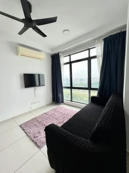 Living features: black fabric sofa, area rug in light pink, wall-mounted TV, floor-to-ceiling windows, sheer curtains, blackout curtains, 1 wall-mounted split AC, white painted walls, recessed downlights, ceiling fan with light, tile flooring; style: modern; view: city.
