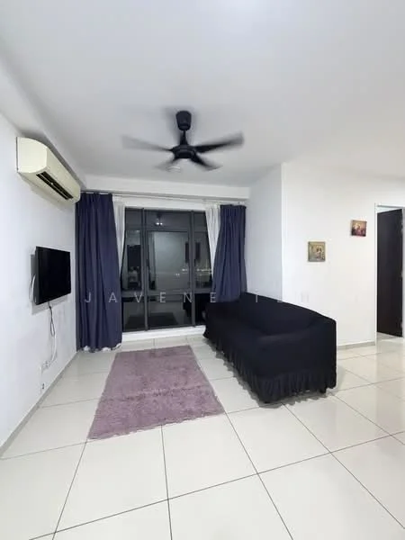Living features: white painted walls, glossy tile flooring, 5-blade ceiling fan in black, wall-mounted TV, black fabric sofa, purple area rug, floor-to-ceiling windows, dark curtains; style: modern.