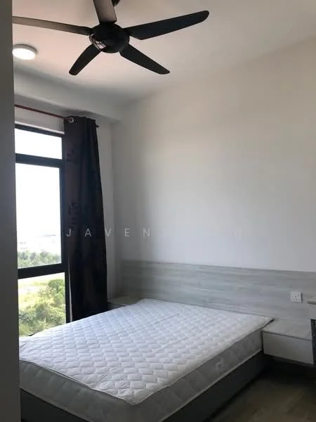 Bedroom features: queen-size bed frame without mattress, 5-blade ceiling fan with light, floor-to-ceiling window, blackout curtains, light grey accent wall, wood paneling on lower wall, laminate flooring, recessed ceiling lights; style: modern; view: garden.