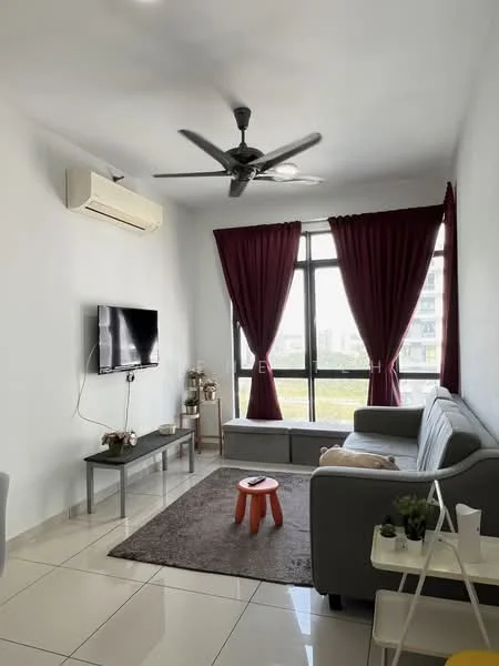 Living features: grey fabric sofa, 3-seater sofa, coffee table, TV console, wall-mounted TV, area rug, 5-blade ceiling fan with light, floor-to-ceiling windows, red curtains, white painted walls, glossy tile flooring, decorative plants; style: modern; view: garden.