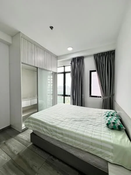 Bedroom features: queen-size bed with light green bedding, upholstered headboard, built-in wardrobe with sliding glass doors, floor-to-ceiling window, grey curtains, wooden flooring, recessed ceiling lights, decorative green throw pillows; style: modern; view: city.