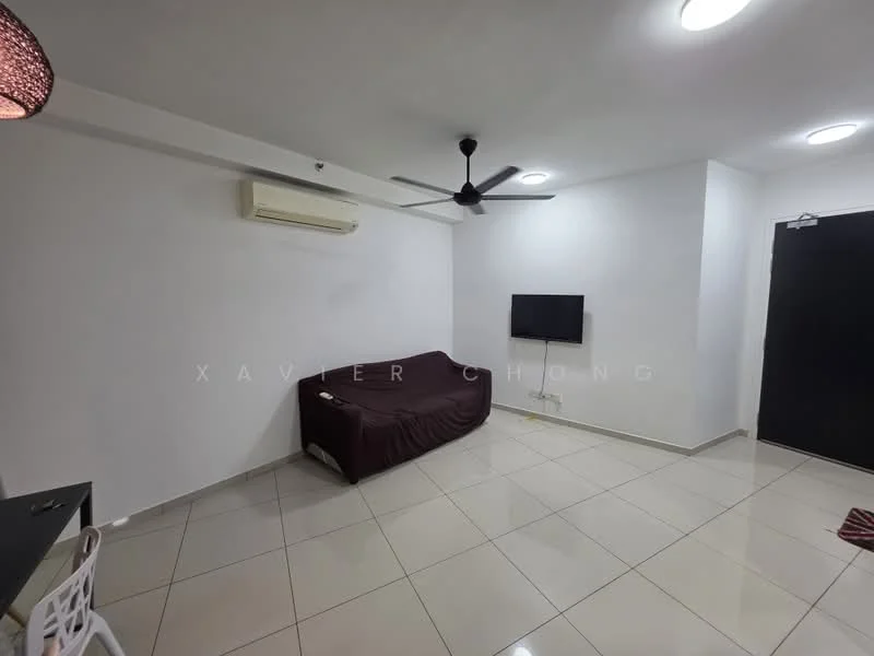 Living features: white painted walls, tile flooring, 5-blade ceiling fan, wall-mounted TV, air conditioning unit, sofa with dark cover, recessed lighting, black door, decorative pendant light, open layout; style: modern.