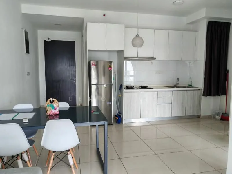 Kitchen features: white cabinets, grey laminate countertop, stainless-steel fridge, built-in gas stove, single-bowl stainless-steel sink, chrome pull-down faucet, white tiled backsplash, ceramic tile flooring, recessed downlights, pendant light, open shelving, dining table with four chairs; style: modern.