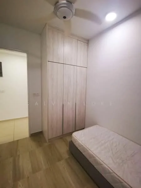 Bedroom features: wooden flooring, white painted walls, built-in wardrobe with light wood finish, single bed frame, ceiling fan, recessed lighting, window with no visible treatment; style: modern.