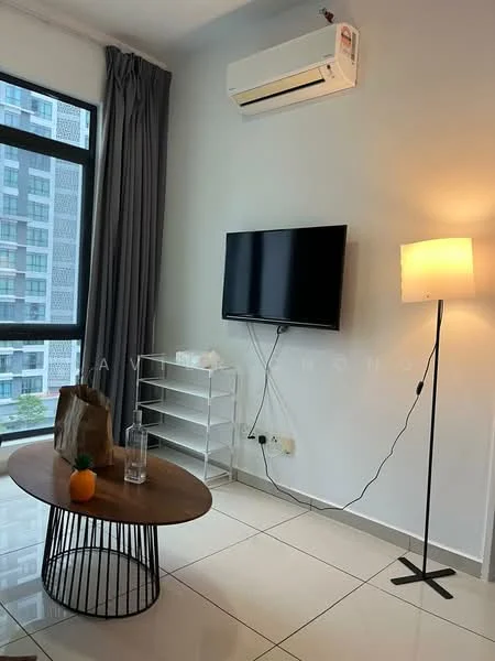 Living features: floor-to-ceiling windows, grey curtains, white walls, tile flooring, wall-mounted TV, black metal TV console, round wooden coffee table, black wireframe base for coffee table, standing lamp, air conditioning unit; style: modern; view: city.