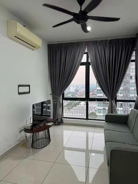 Living features: 5-blade ceiling fan with light, wall-mounted split AC, floor-to-ceiling windows, grey fabric sofa, coffee table with black metal base, TV console, wall-mounted TV, curtains in dark grey, white painted walls, glossy white tile flooring; style: modern; view: city.