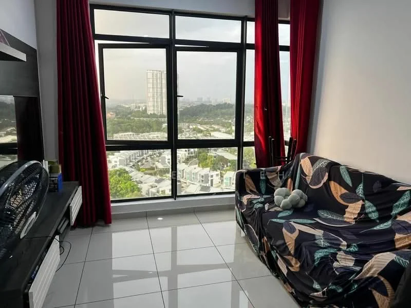 Living features: floor-to-ceiling windows, red curtains, white walls, glossy tile flooring, sofa with floral pattern, TV console, decorative items on console, city view from window; style: modern; view: city.