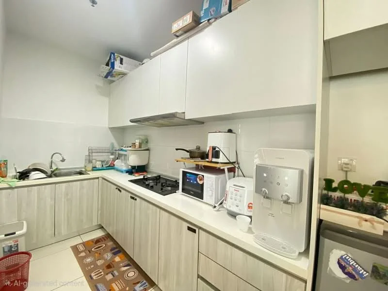 Kitchen features: white cabinetry with flat-panel design, stainless-steel sink, chrome pull-down faucet, built-in gas stove, microwave, electric kettle, toaster, countertop with white surface, tile backsplash, refrigerator, floor tiles, wall-mounted range hood, open shelving, decorative items on countertop; style: modern.