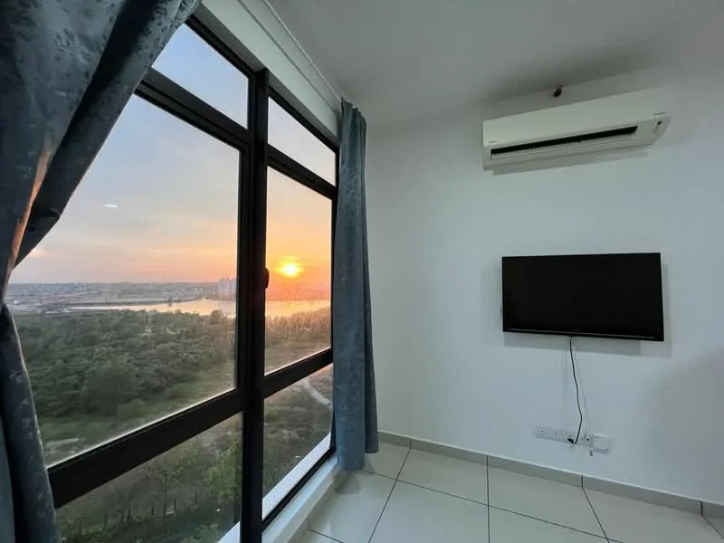 Room features: floor-to-ceiling windows, black window frames, curtains in light blue fabric, wall-mounted TV, split air conditioning unit, white painted walls, tile flooring, sunset view; style: modern; view: garden.