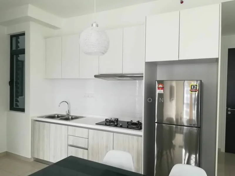 Kitchen features: white cabinetry with wood accents, stainless-steel fridge, built-in oven, 4-burner gas hob, single-bowl stainless-steel sink, chrome pull-down faucet, white tiled backsplash, pendant light fixture, grey countertop, floor-to-ceiling windows, light-colored tile flooring; style: modern.