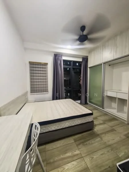 Bedroom features: queen-size bed frame without mattress, wooden flooring, white painted walls, ceiling fan with light, floor-to-ceiling windows, grey curtains, built-in wardrobe with sliding doors, study desk with chair; style: modern.