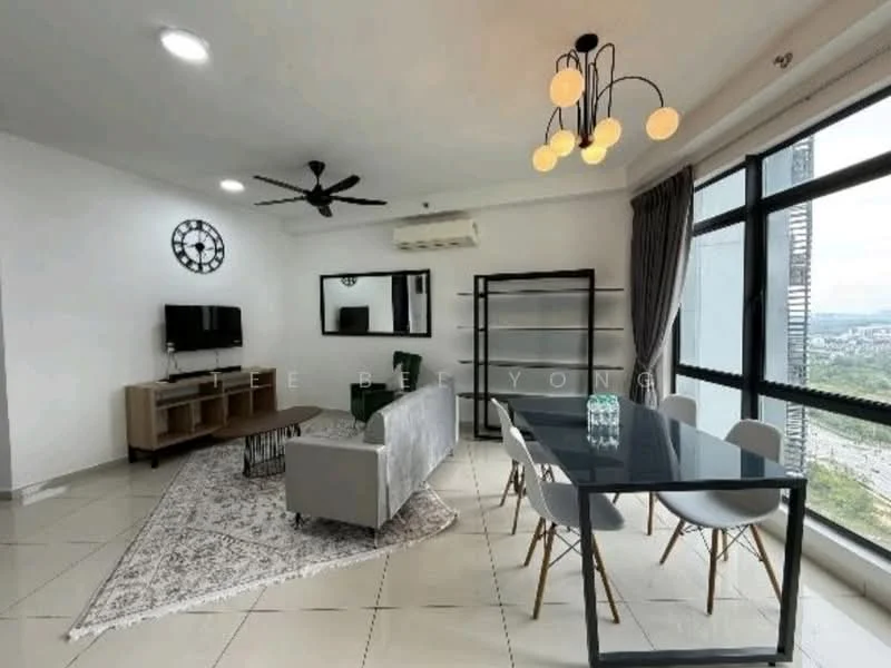 Living features: 3-seater fabric sofa in grey, coffee table, TV console, wall-mounted TV, area rug with geometric pattern, 6-seater dining table, upholstered dining chairs, ceiling fan with light, pendant light, floor-to-ceiling windows, curtains, decorative mirror; style: modern; view: city.